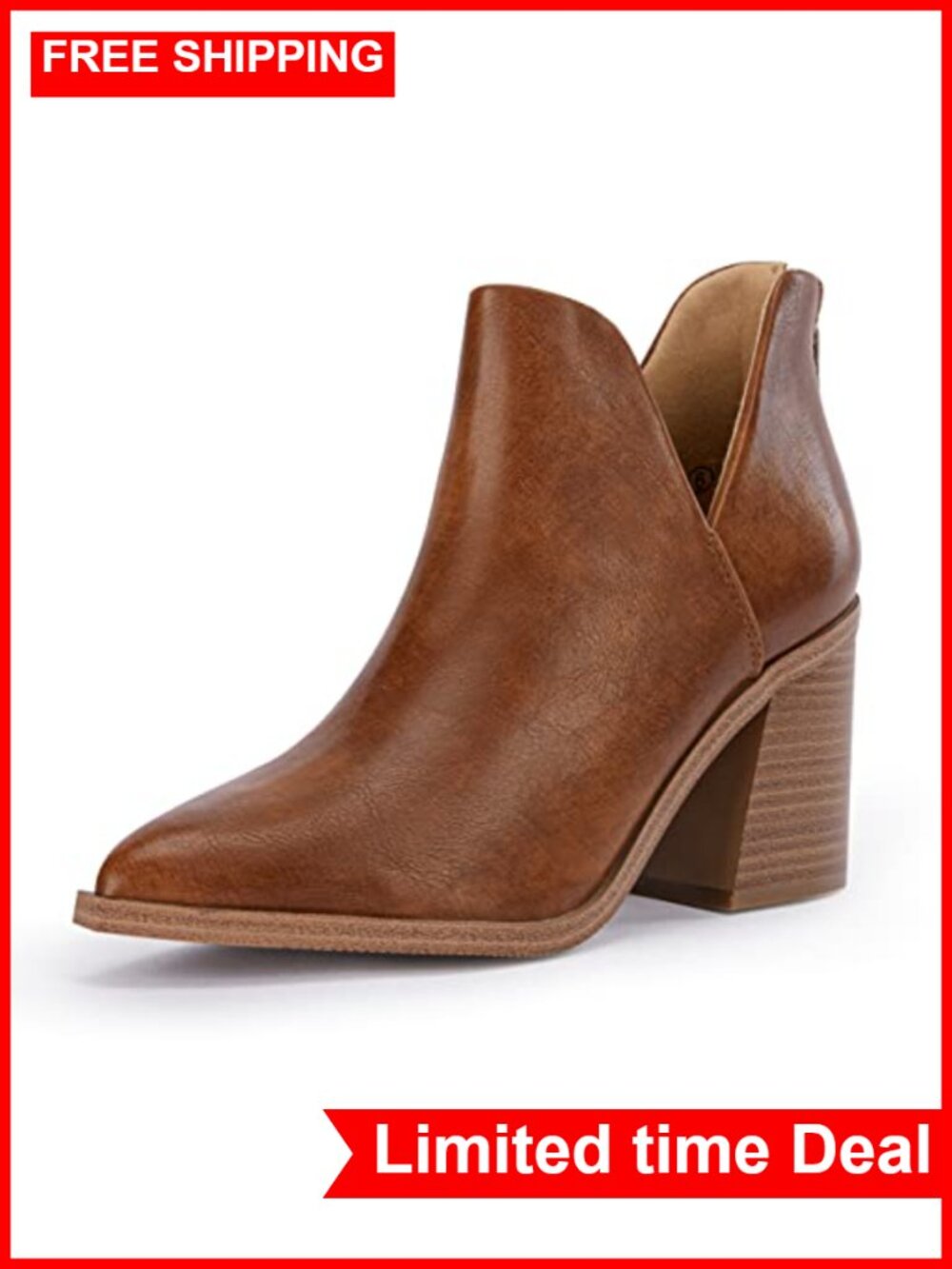 Faux Leather Pointed Toe Stacked Mid Heel Ankle Booties V Cut Back Zipper